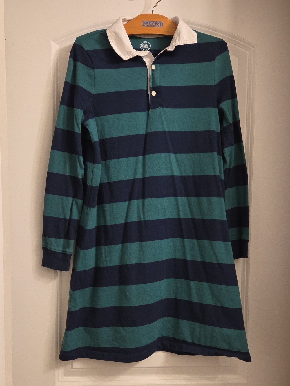 Kids Striped Rugby Dress with White Collar - Teal & Navy